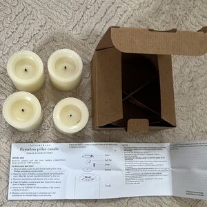 Pottery Barn Flameless Wax Pillars, realistic flicker New, Set of 4, 2" x 2"